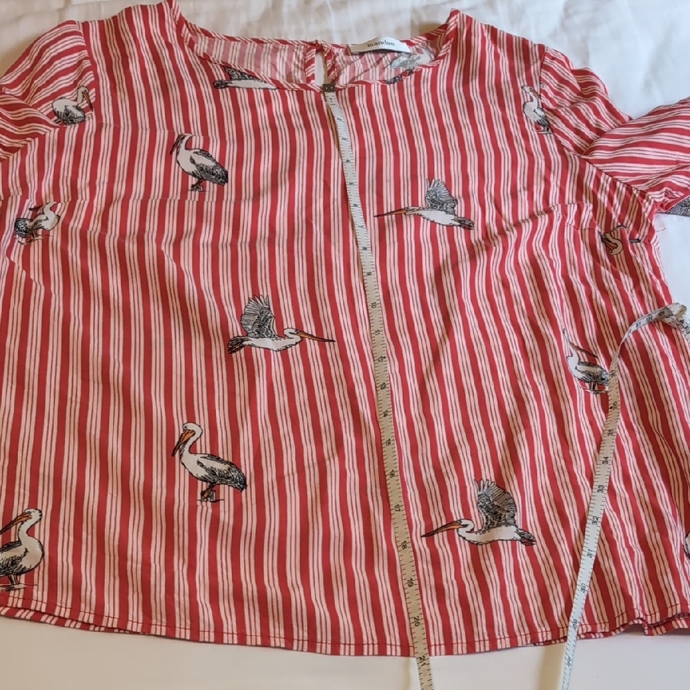 Mandee Red and White Striped Blouse with Bird Print Large - Picture 10 of 14